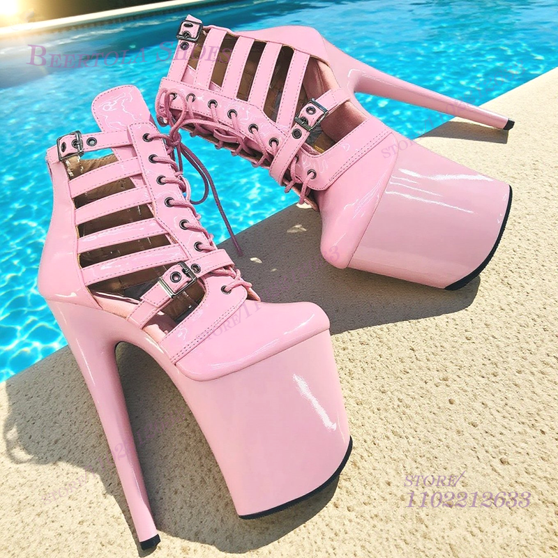 Women Shoes Zipper - Pink Patent Leather Striped Hollow Mesh