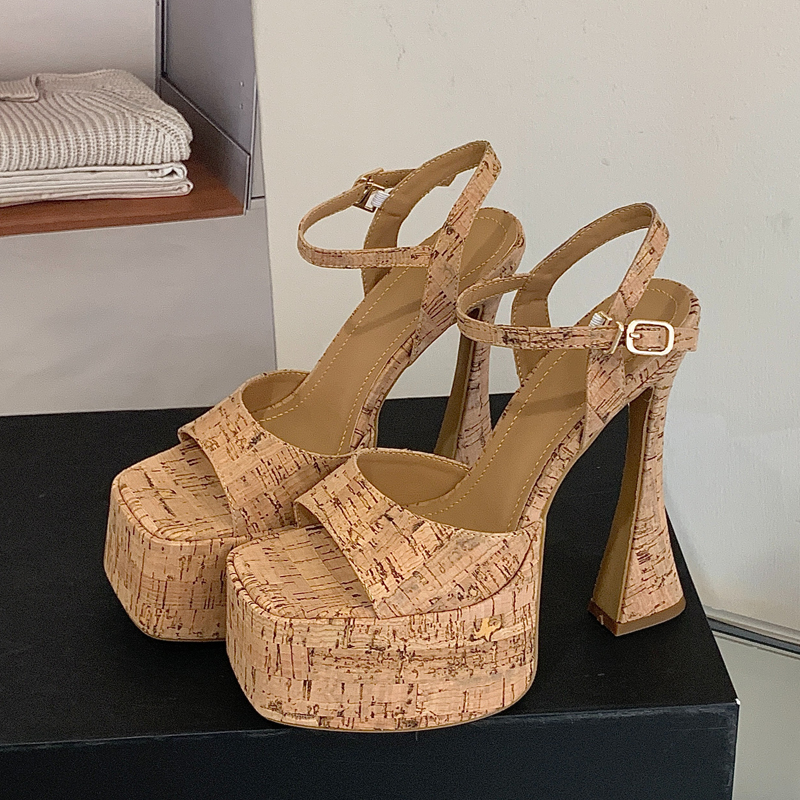 Women Shoes Waterproof - Aneikeh Fashion Cork Waterproof Platform Buckle