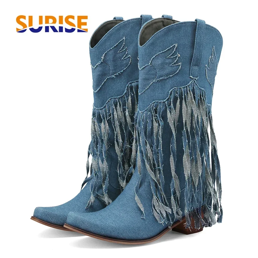 Women'S Shoes Navy Blue - Winter Western Women Mid-calf Boots Cowboy