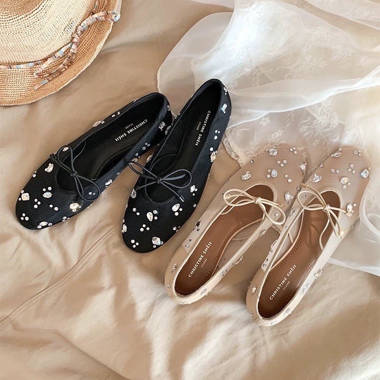 Women'S Shoes In Fashion - Mesh Rhinestone Bow Flat Mary Jane