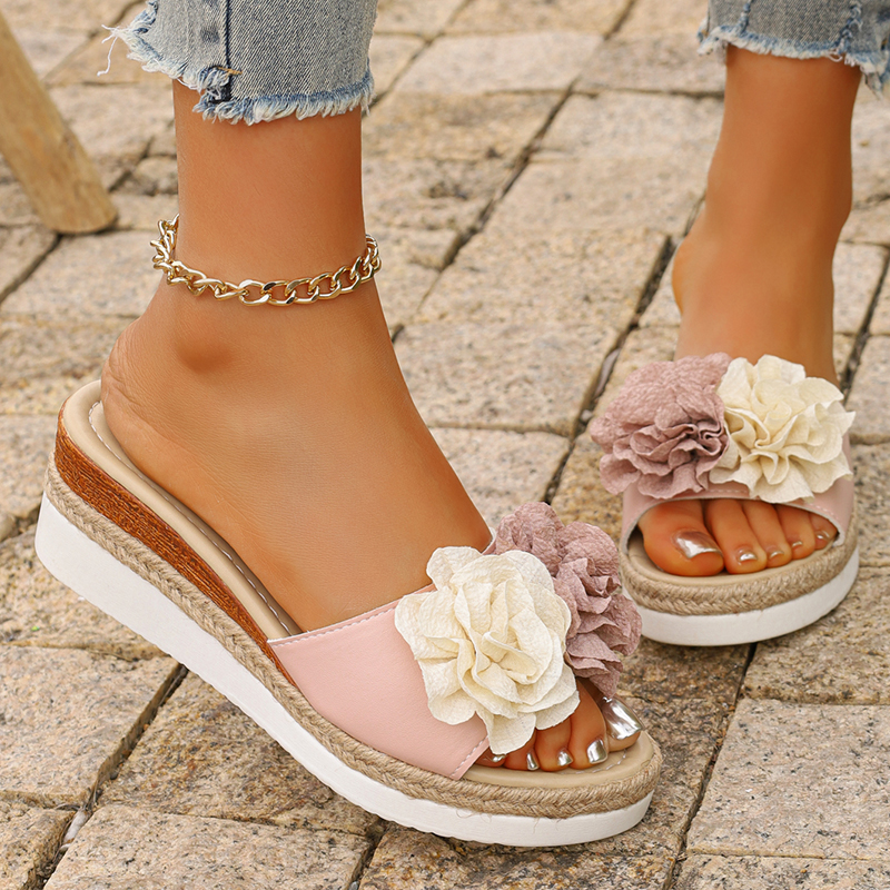Women's Pink Flower Decor Plat - Espadrille Wedge Shoes incelemesi ve fiyatı