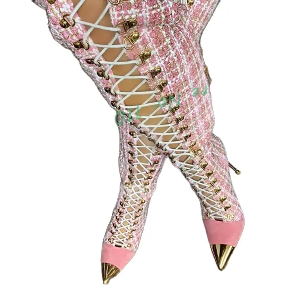 Pink Plaid Hollow Tall Boots W - Sock Boot Women incelemesi ve fiyatı
